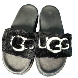 Ugg Black Fluffy Logo Slide Sandals Women's Size‎ 8 NEW